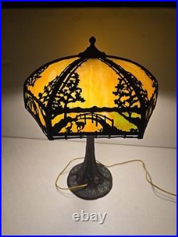 Antique Arts & Crafts Signed Rainaud Japanese Garden Slag Glass Panel Lamp