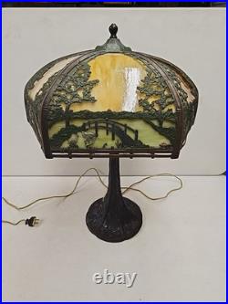 Antique Arts & Crafts Signed Rainaud Japanese Garden Slag Glass Panel Lamp