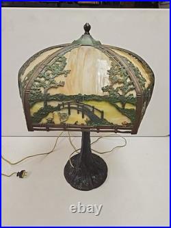 Antique Arts & Crafts Signed Rainaud Japanese Garden Slag Glass Panel Lamp