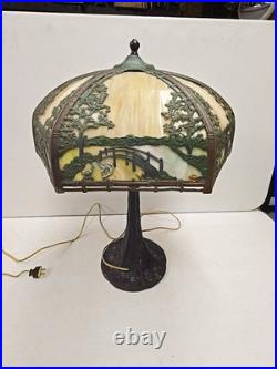 Antique Arts & Crafts Signed Rainaud Japanese Garden Slag Glass Panel Lamp