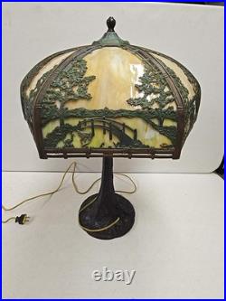 Antique Arts & Crafts Signed Rainaud Japanese Garden Slag Glass Panel Lamp