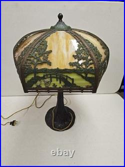 Antique Arts & Crafts Signed Rainaud Japanese Garden Slag Glass Panel Lamp