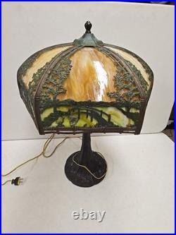 Antique Arts & Crafts Signed Rainaud Japanese Garden Slag Glass Panel Lamp