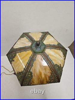 Antique Arts & Crafts Signed Rainaud Japanese Garden Slag Glass Panel Lamp