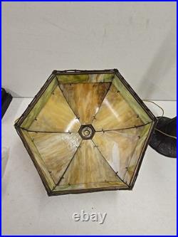 Antique Arts & Crafts Signed Rainaud Japanese Garden Slag Glass Panel Lamp