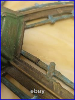 Antique Arts & Crafts Signed Rainaud Japanese Garden Slag Glass Panel Lamp