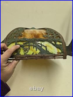 Antique Arts & Crafts Signed Rainaud Japanese Garden Slag Glass Panel Lamp