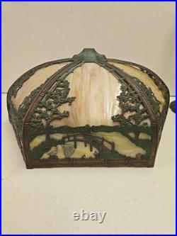 Antique Arts & Crafts Signed Rainaud Japanese Garden Slag Glass Panel Lamp