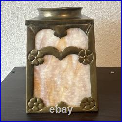 Antique Arts & Crafts Slag Glass Boudoir Lamp Shade Floral Brass Filigree 7