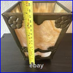 Antique Arts & Crafts Slag Glass Boudoir Lamp Shade Floral Brass Filigree 7