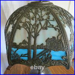 Antique Arts Crafts Slag Glass Ornate Scenic 12 Panel Lamp Signed Miller Co 1920
