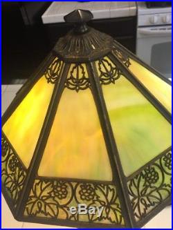 Antique Arts & Crafts Slag Glass Panel Signed Bradley & Hubbard Lamp & Shade