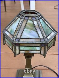Antique Arts & Crafts Slag Stained Glass Shade & Solid Cast Brass Lamp