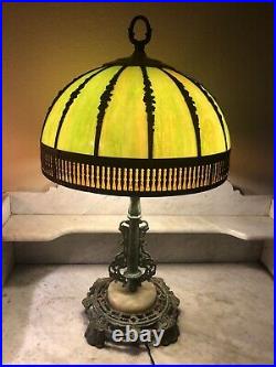 Antique Arts & Crafts Style Table Lamp Curved Bent Green Brown Slag Glass Shade