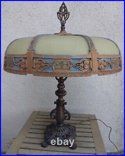 Antique Arts & Crafts Table Lamp Yellow Blue (Ukraine Colors) Convex Slag Glass