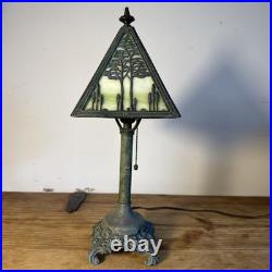 Antique Arts & Crafts Tree Overlay Slag Glass Boudoir Lamp