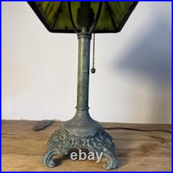 Antique Arts & Crafts Tree Overlay Slag Glass Boudoir Lamp