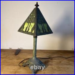 Antique Arts & Crafts Tree Overlay Slag Glass Boudoir Lamp