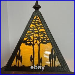 Antique Arts & Crafts Tree Overlay Slag Glass Boudoir Lamp