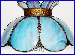 Antique Arts & Crafts Turquoise & Purple Stained Bent Slag Glass Lamp Shade WOW