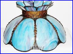 Antique Arts & Crafts Turquoise & Purple Stained Bent Slag Glass Lamp Shade WOW