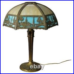 Antique Arts & Crafts Two-Tone Slag Glass Table Lamp, Scenic with Church, c1920 Antique Arts & Crafts Two-Tone Slag Glass Table Lamp, Scenic with Church, c1920