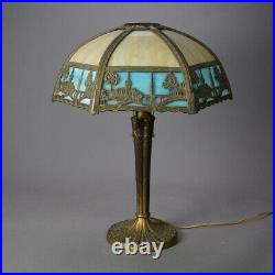 Antique Arts & Crafts Two-Tone Slag Glass Table Lamp, Scenic with Church, c1920 Antique Arts & Crafts Two-Tone Slag Glass Table Lamp, Scenic with Church, c1920