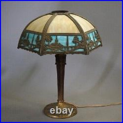 Antique Arts & Crafts Two-Tone Slag Glass Table Lamp, Scenic with Church, c1920 Antique Arts & Crafts Two-Tone Slag Glass Table Lamp, Scenic with Church, c1920
