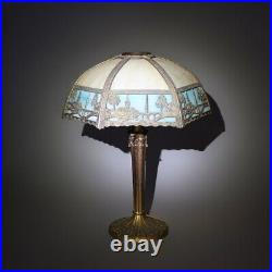 Antique Arts & Crafts Two-Tone Slag Glass Table Lamp, Scenic with Church, c1920