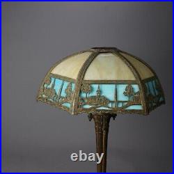 Antique Arts & Crafts Two-Tone Slag Glass Table Lamp, Scenic with Church, c1920 Antique Arts & Crafts Two-Tone Slag Glass Table Lamp, Scenic with Church, c1920