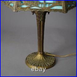 Antique Arts & Crafts Two-Tone Slag Glass Table Lamp, Scenic with Church, c1920 Antique Arts & Crafts Two-Tone Slag Glass Table Lamp, Scenic with Church, c1920