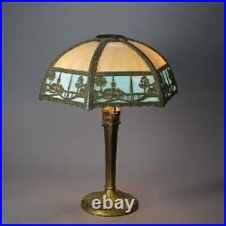 Antique Arts & Crafts Two-Tone Slag Glass Table Lamp, Scenic with Church, c1920