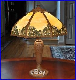 Antique Arts and Crafts Oak Leaf Rainaud A&R Lamp Slag Glass Lamp Art Nouveau