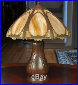 Antique Arts and Crafts Slag Glass Lamp with Pottery Base Rainaud
