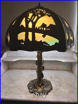 Antique Arts and Crafts Slag Glass Shade Table Lamp Vintage Tree'Like' Base