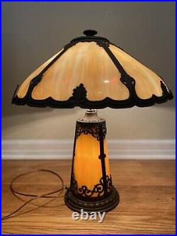Antique Arts and Crafts Slag Glass Table Lamp with Lighted Base