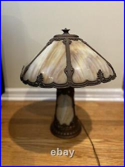Antique Arts and Crafts Slag Glass Table Lamp with Lighted Base