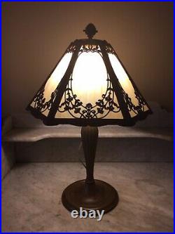 Antique Arts and Crafts Table Lamp Miller Base and Polygon Cream Slag Glass Nice