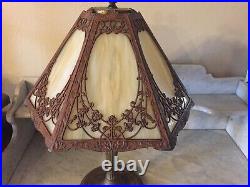 Antique Arts and Crafts Table Lamp Miller Base and Polygon Cream Slag Glass Nice