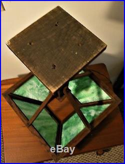 Antique Arts and Crafts Vintage Mission Oak Old Slag Leaded Glass Table Lamp Vtg