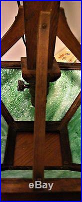 Antique Arts and Crafts Vintage Mission Oak Old Slag Leaded Glass Table Lamp Vtg