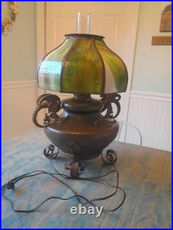 Antique BRADLEY & HUBBARD Oil Lamp Slag Glass DRAGON GRIFFIN Electrified C1900