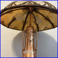 Antique BUTTERFLY Filigree 8-Panel Slag Glass Metal Lamp Edward Miller & Co, NH