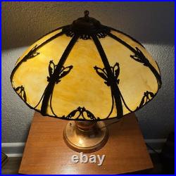 Antique BUTTERFLY Filigree 8-Panel Slag Glass Metal Lamp Edward Miller & Co, NH