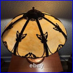 Antique BUTTERFLY Filigree 8-Panel Slag Glass Metal Lamp Edward Miller & Co, NH