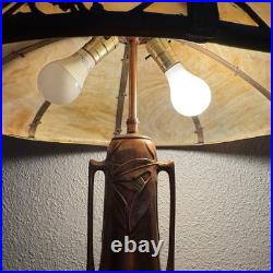 Antique BUTTERFLY Filigree 8-Panel Slag Glass Metal Lamp Edward Miller & Co, NH