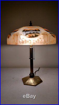 Antique B & H 3 socket slag glass lamp with 6 panel reverse painted signed shade