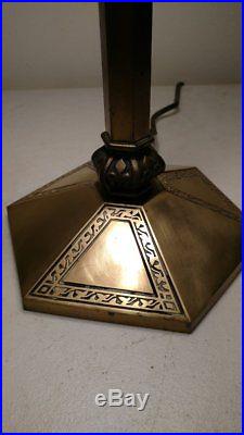 Antique B & H 3 socket slag glass lamp with 6 panel reverse painted signed shade