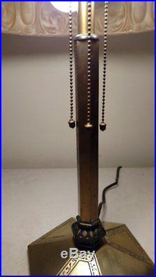 Antique B & H 3 socket slag glass lamp with 6 panel reverse painted signed shade