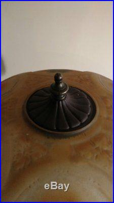 Antique B & H 3 socket slag glass lamp with 6 panel reverse painted signed shade